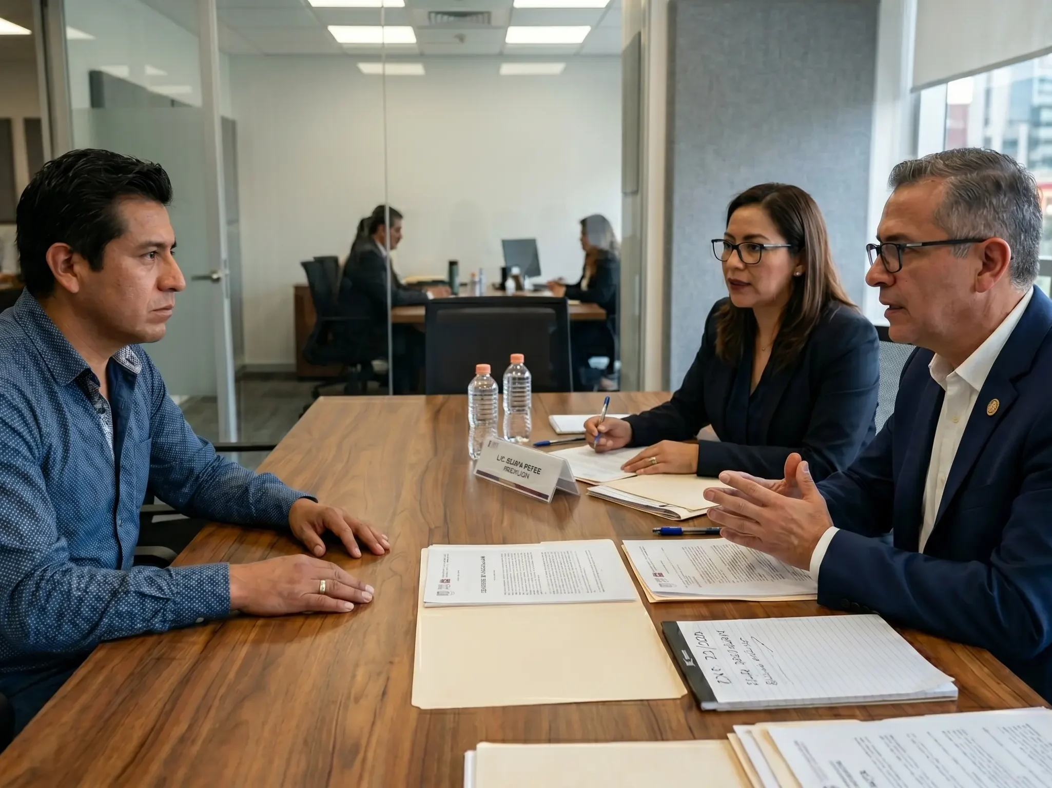Abogado laboral asesorando a un trabajador antes de una audiencia de conciliación laboral.