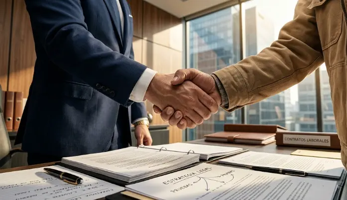 Abogado laboral y trabajador revisando estrategia legal en una oficina
