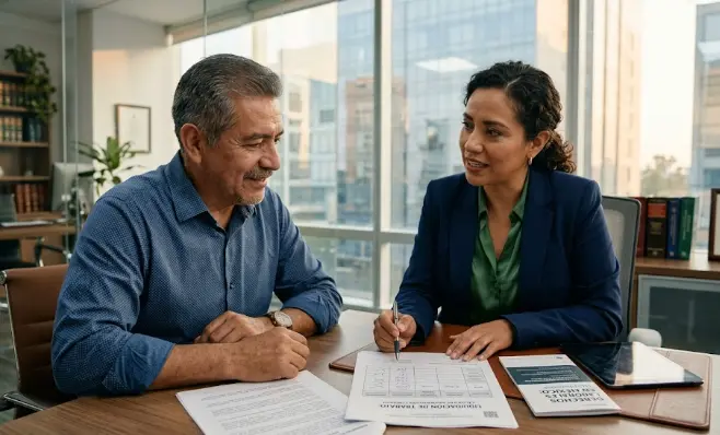 Abogado laboral explicando derechos laborales a un trabajador mexicano