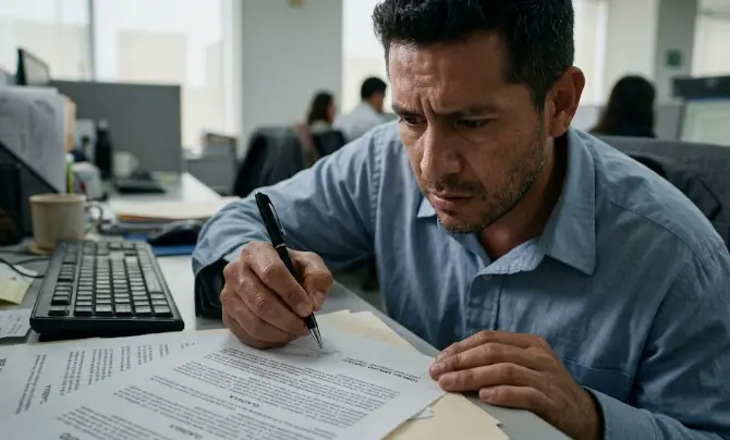 Trabajador preocupado a punto de firmar documentos laborales sin asesoría