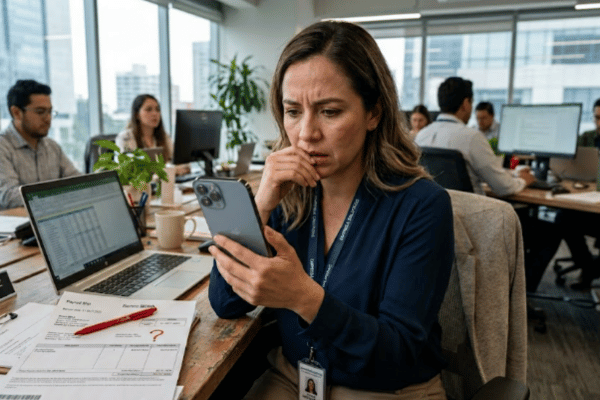 Empleada revisando una aplicación bancaria tras no recibir su salario completo