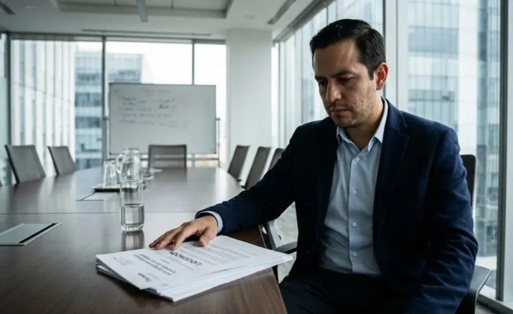 Empleado mexicano recibiendo una notificación de despido en una oficina