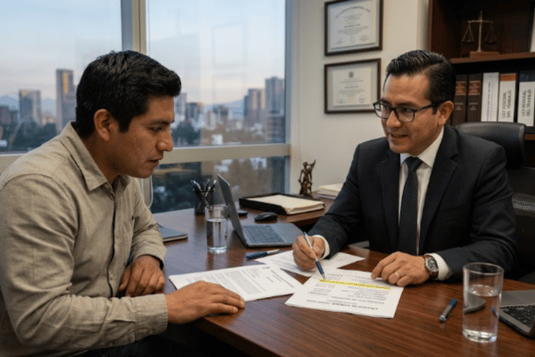 Abogado laboral explicando salarios y prestaciones a un trabajador mexicano