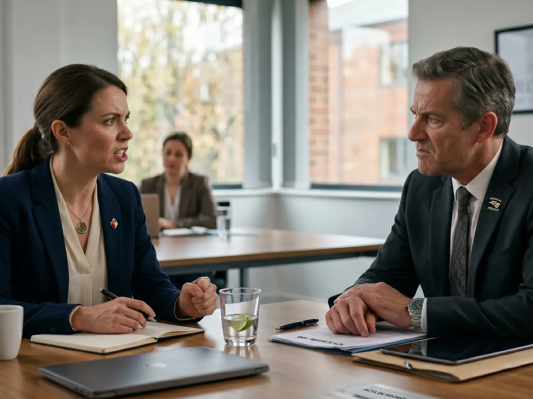 Empleada y empleador discutiendo en su entorno laboral