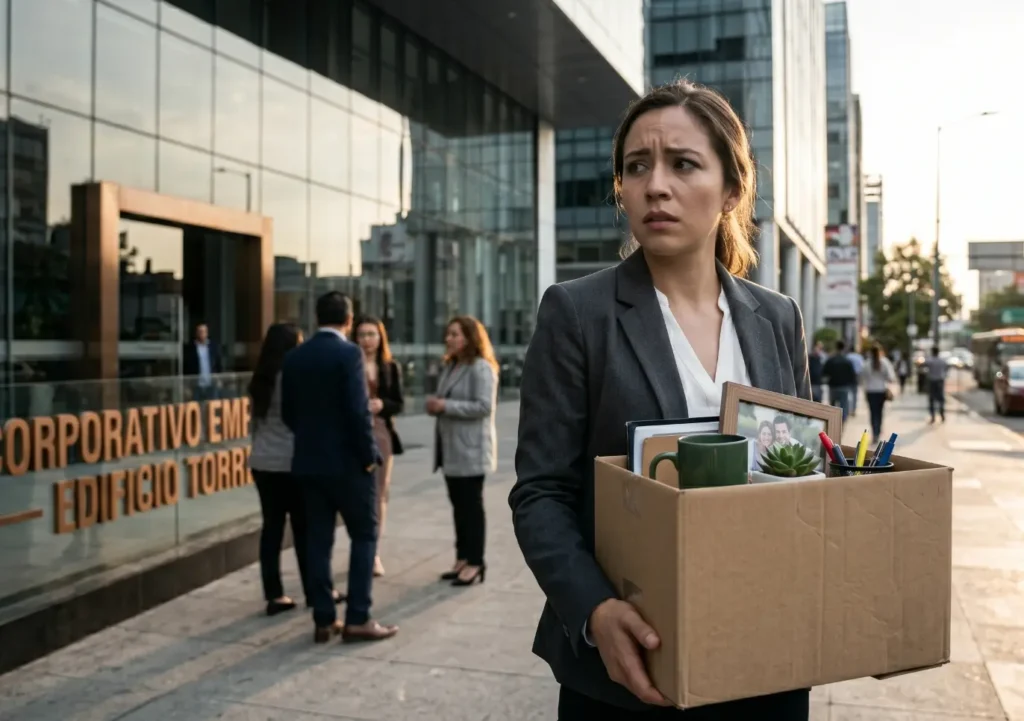 Trabajador mexicano saliendo de una oficina después de ser despedido